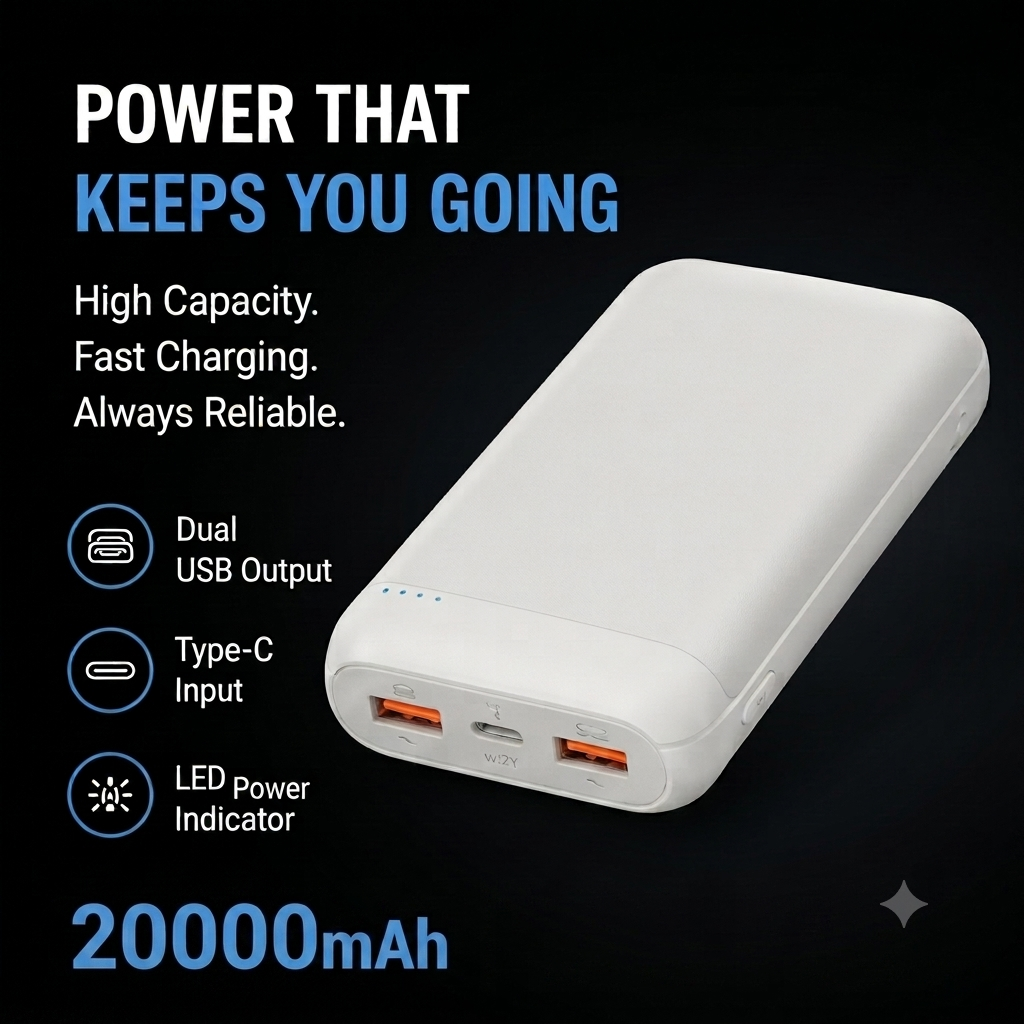 20000mAh PD 22.5W Fast Charging Power Bank – Dual USB Portable Charger with LED Light