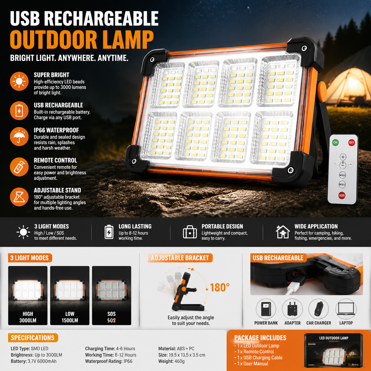 USB Rechargeable Outdoor Lamp with Remote Control & IP66 Waterproof Design