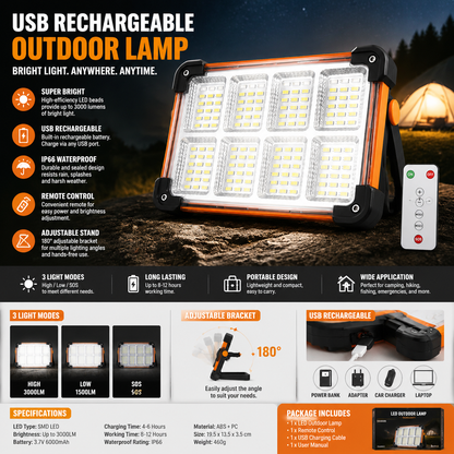 USB Rechargeable Outdoor Lamp with Remote Control & IP66 Waterproof Design
