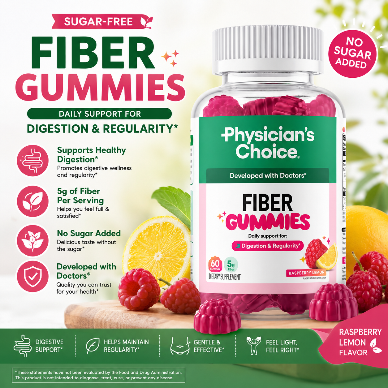 Sugar-Free Fiber Gummies – 5g Fiber Raspberry Lemon Flavor