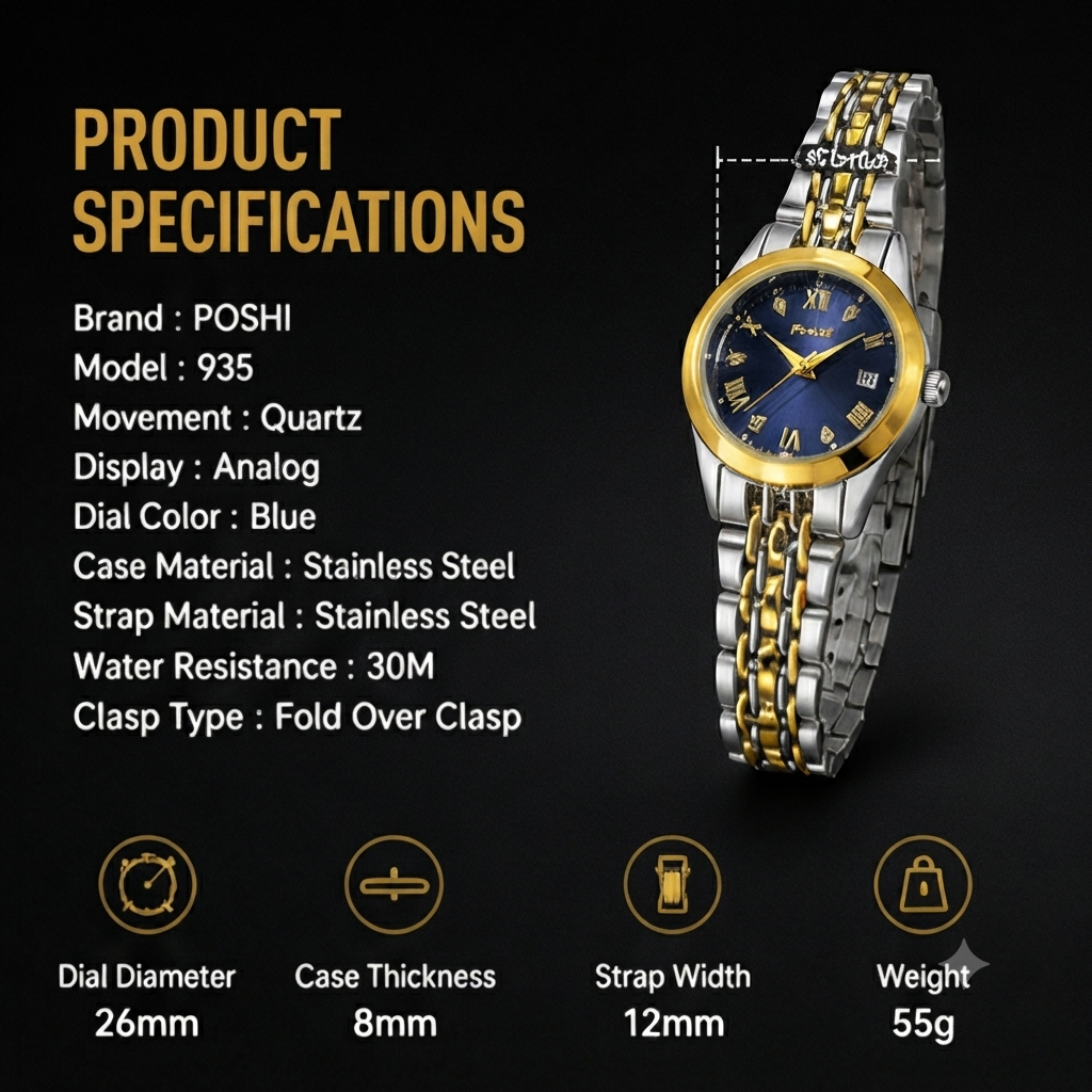 POSHI 935 Women's Quartz Watch – Luxury Stainless Steel Waterproof Fashion Watch