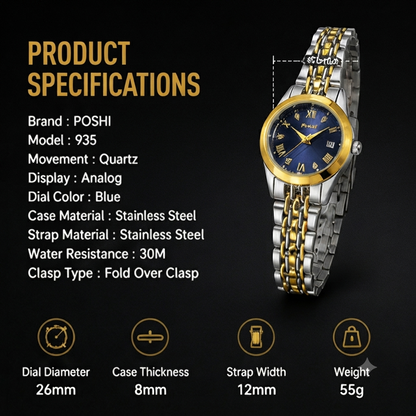 POSHI 935 Women's Quartz Watch – Luxury Stainless Steel Waterproof Fashion Watch