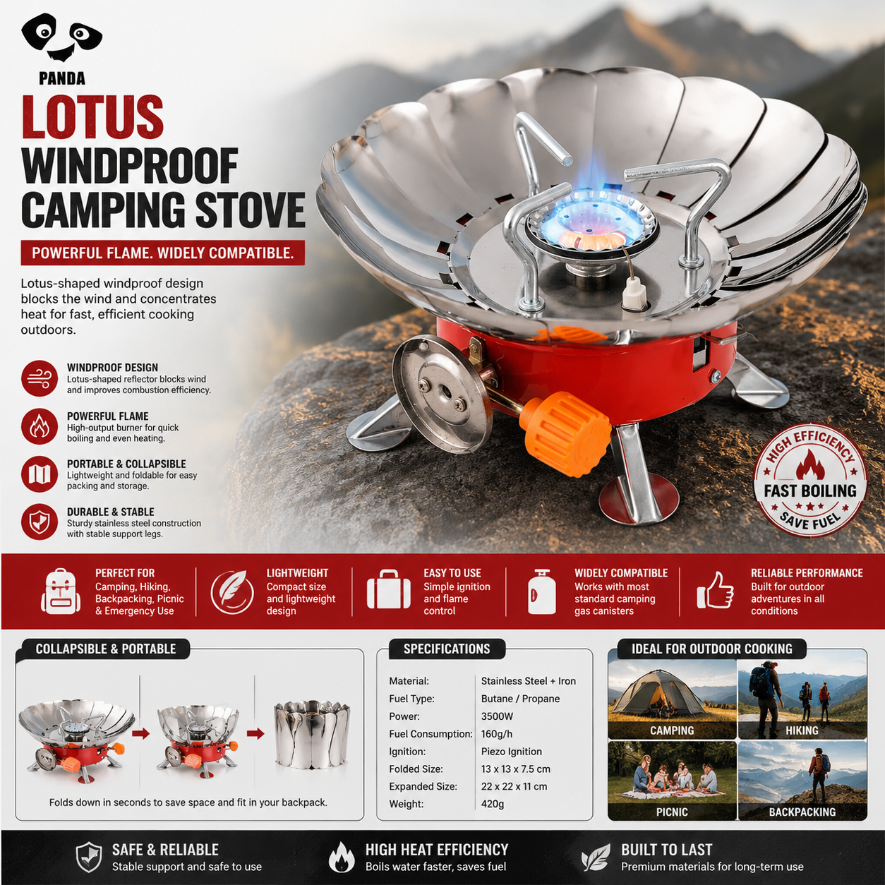 Collapsible Lotus Gas Burner for Outdoor Cooking & Backpacking