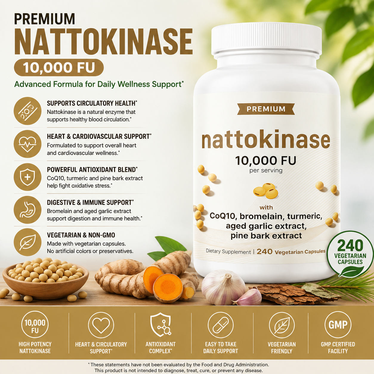 Nattokinase 10,000 FU Supplement – Vegetarian Capsules with CoQ10 & Turmeric for Daily Wellness